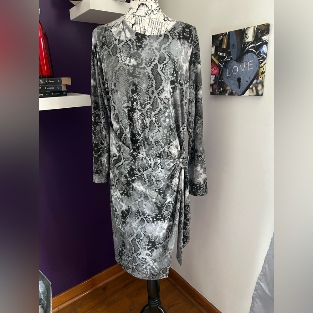 Dennis Basso Gray/Black Snakeskin Print Dress